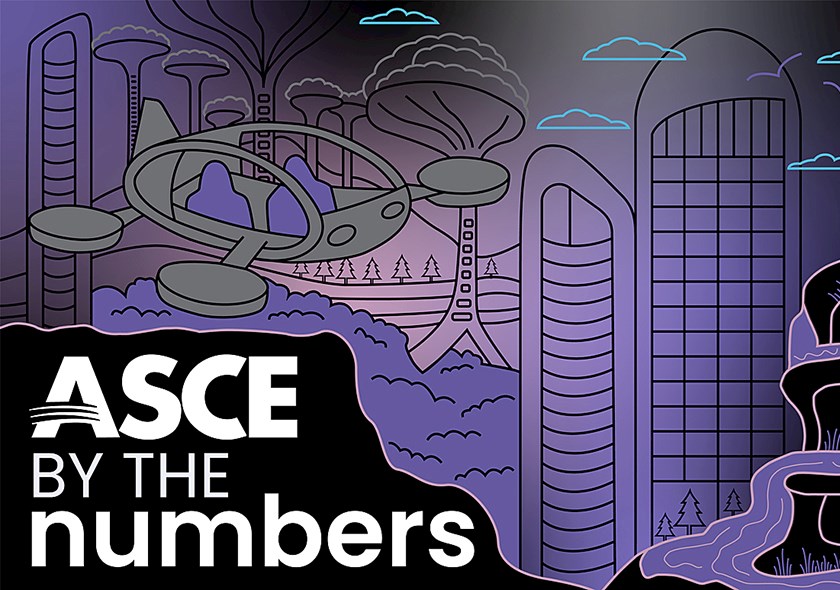 ASCE By the Numbers - a concept photo with engineering-themed scenes and objects including a flying car and modern buildings.