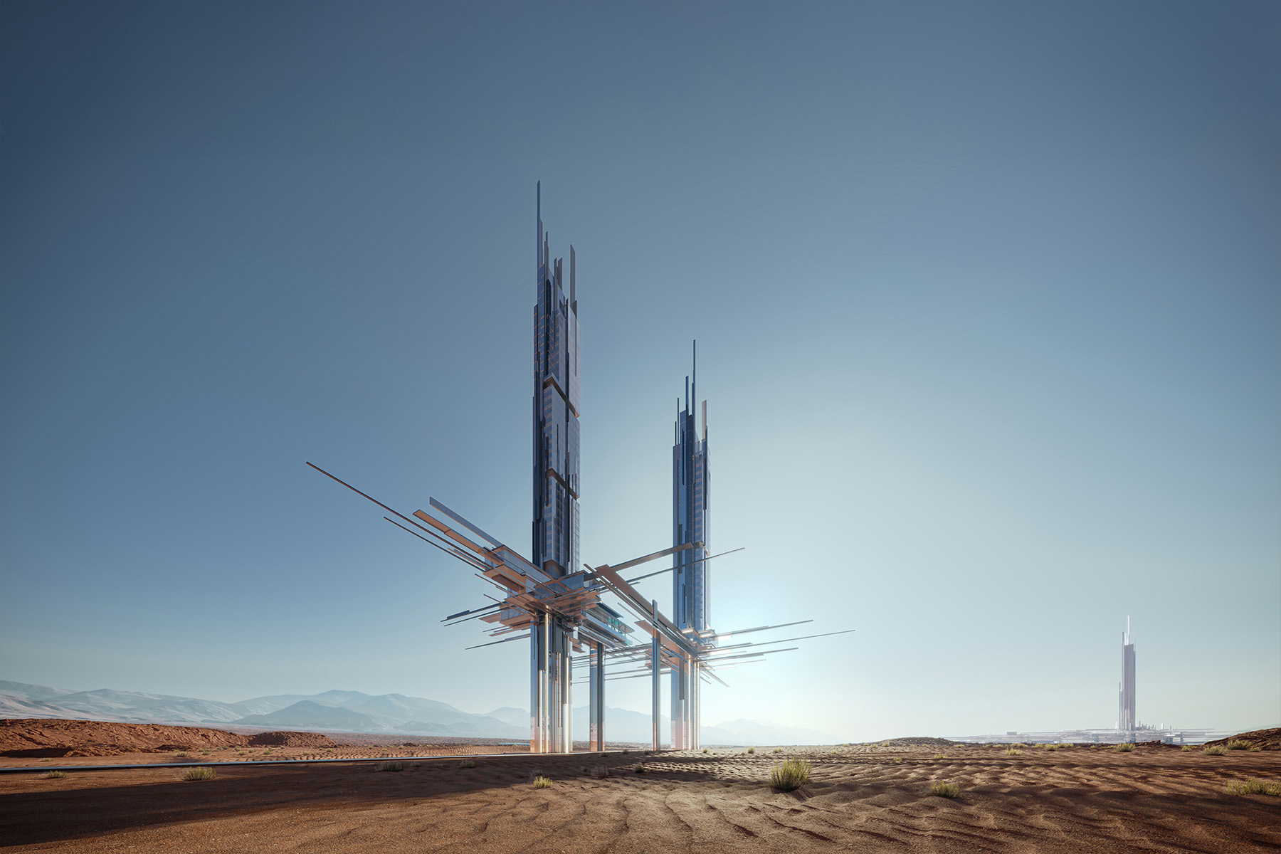 Desert scene with two tall vertical towers with horizontal elements rising from the sand. 