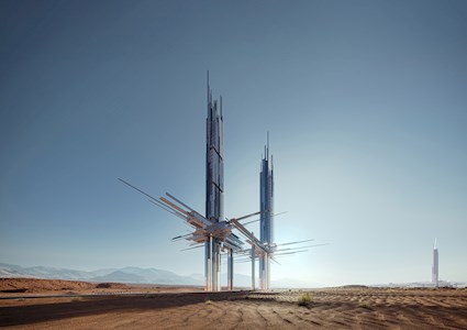 Desert scene with two tall vertical towers with horizontal elements rising from the sand.