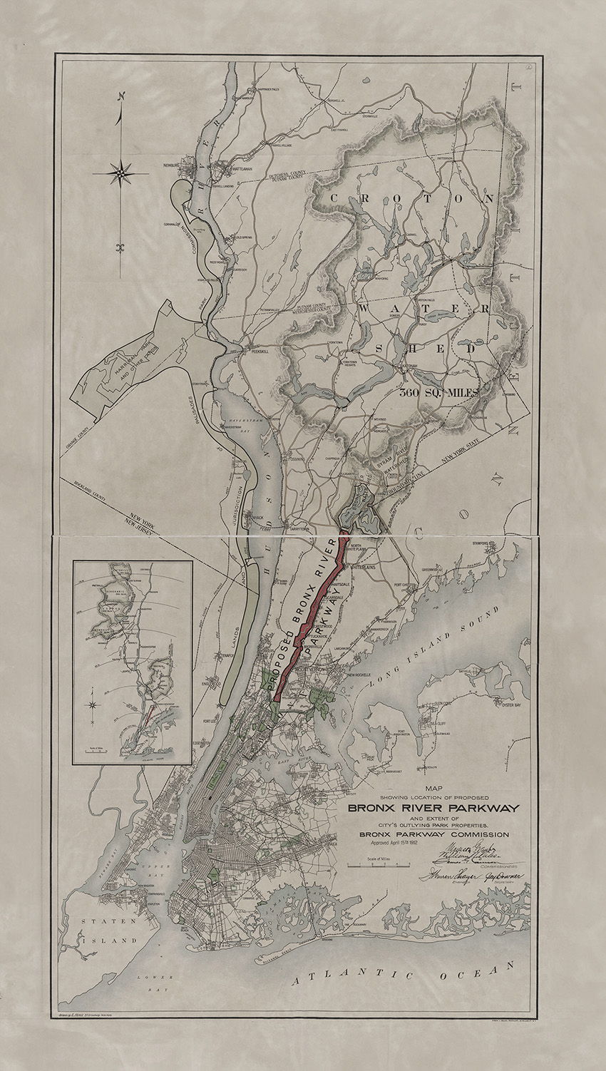 A map shows the route of the Bronx River Parkway in New York. 