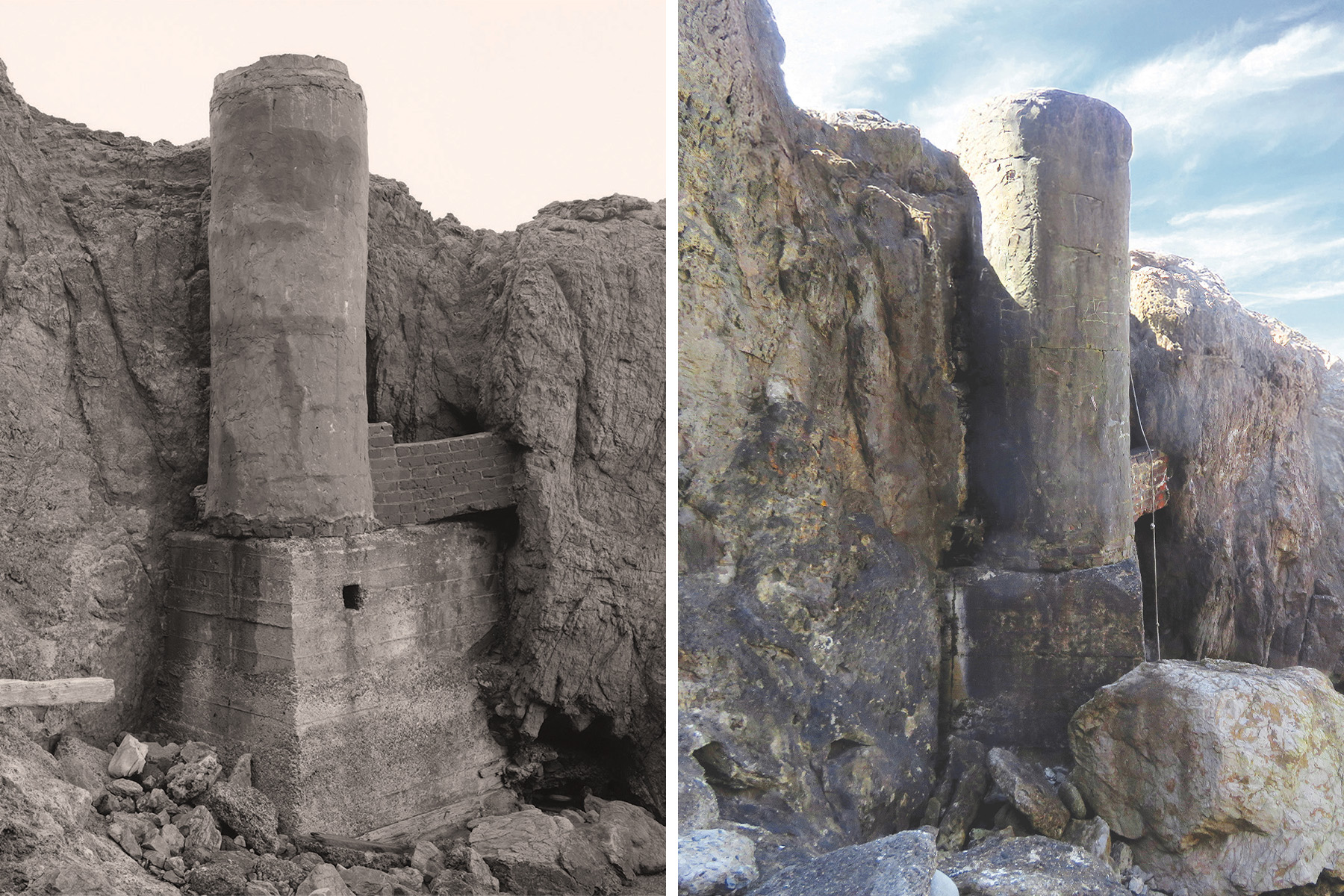 Image on the left shows a tunnel outcrop as it appeared in 1968 and the image on the right shows the same tunnel outcrop in 2019. The rock has eroded. 