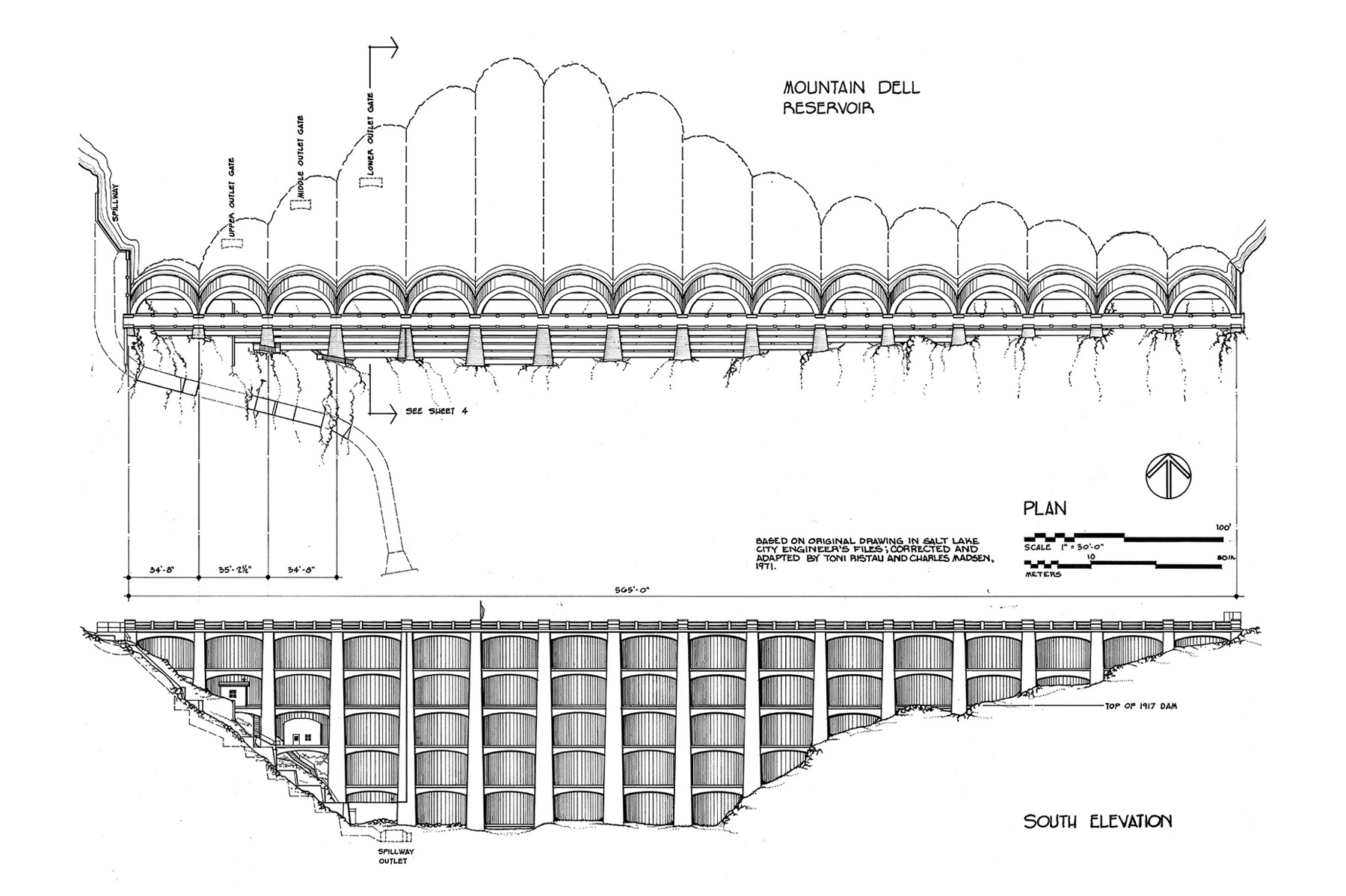 Image shows a dam elevation and reservoir. Figure