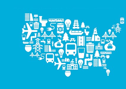 Map of the United States made up of icons such as a plane, bus, bridge, and pipes. 