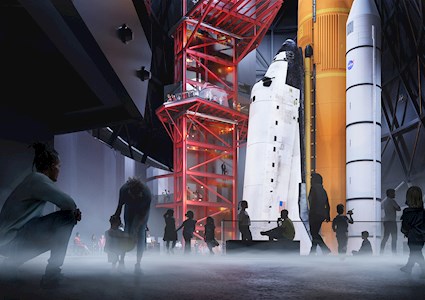 The rendering shows the space shuttle Endeavour, plus its external tank and side booster rockets, as it will be displayed inside its new home at the California Science Center: upright, as if ready to launch. 