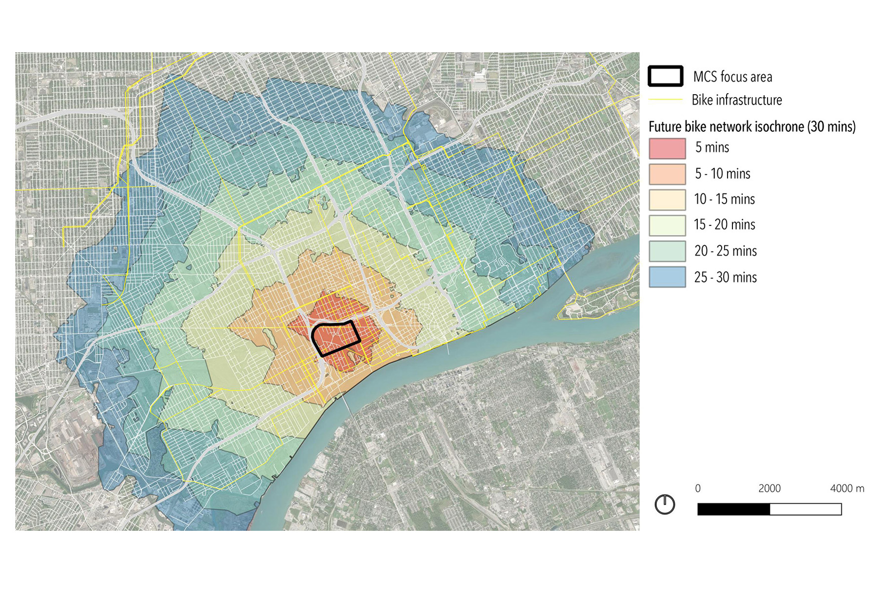 The map depicts how long it will likely take to bike different distances from the station.