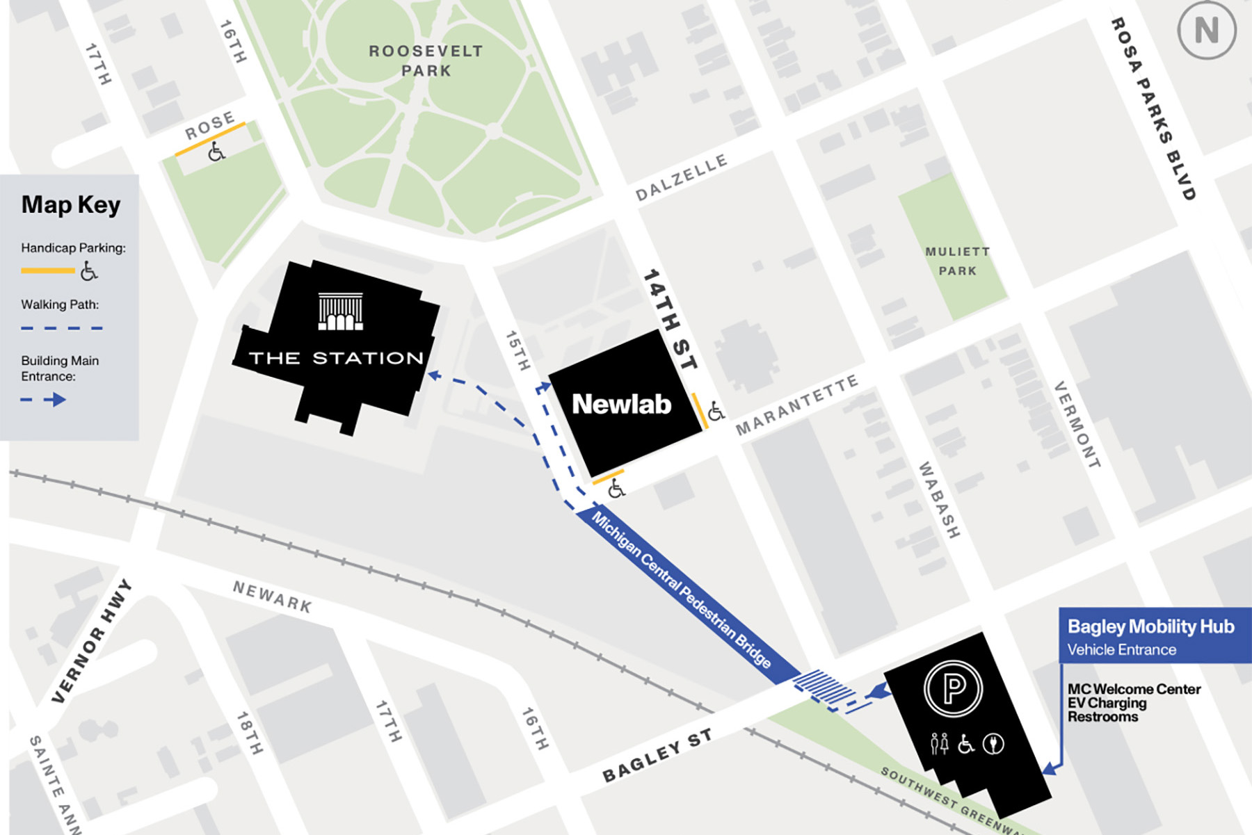 The map depicts the station in relation to surrounding buildings.
