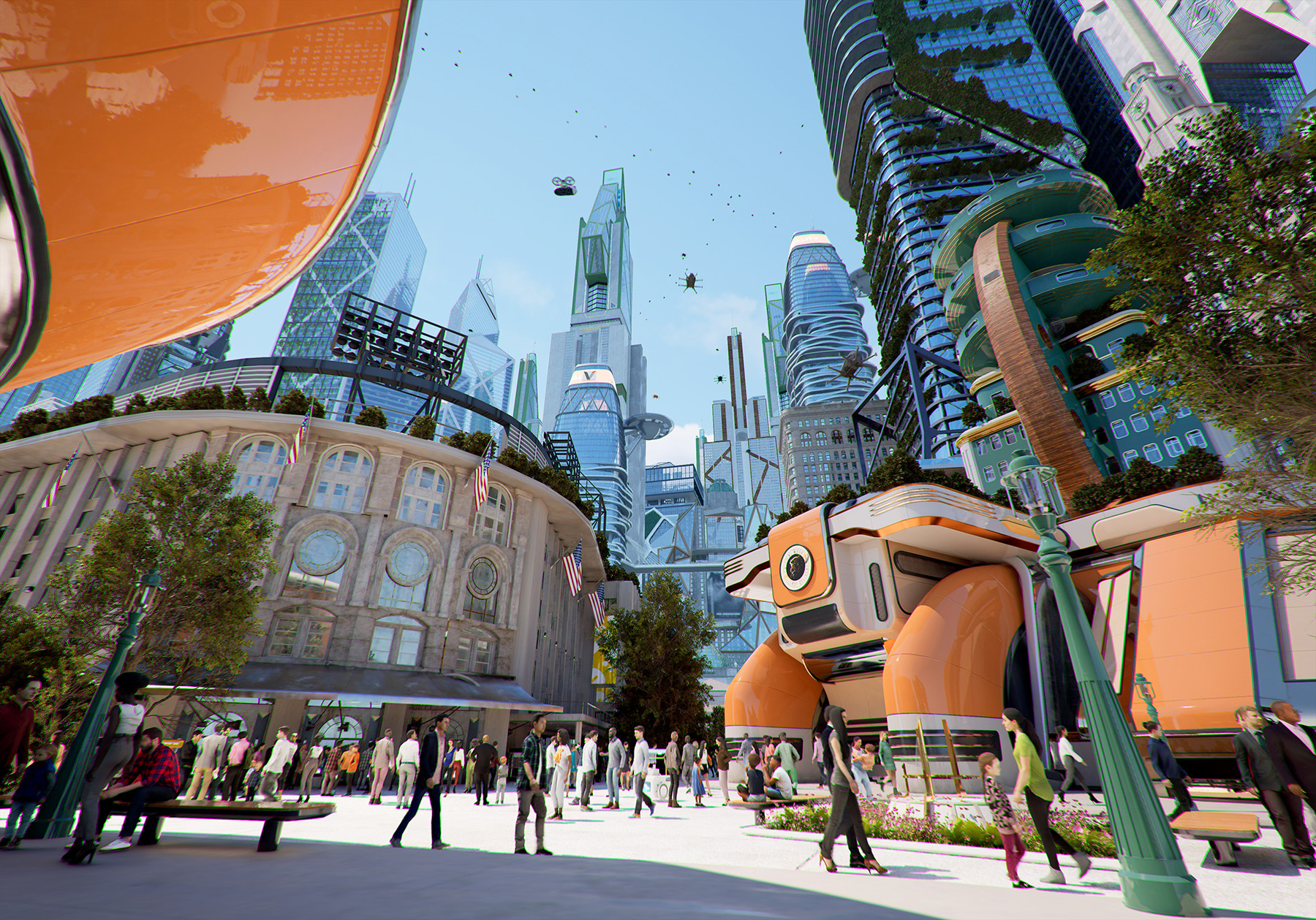 A preserved, historic sports stadium sits alongside ultra-modern buildings.