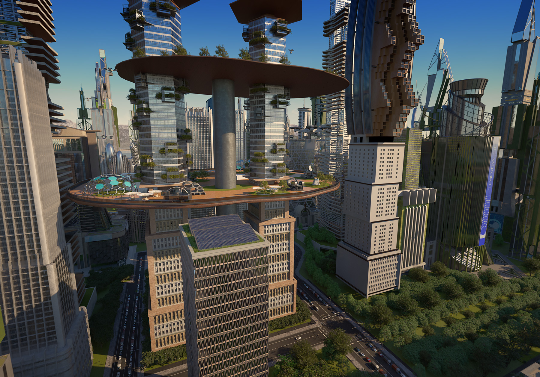 The image shows a futuristic skyline featuring towering structures with unusual designs including elevated platforms and nonlinear shapes.