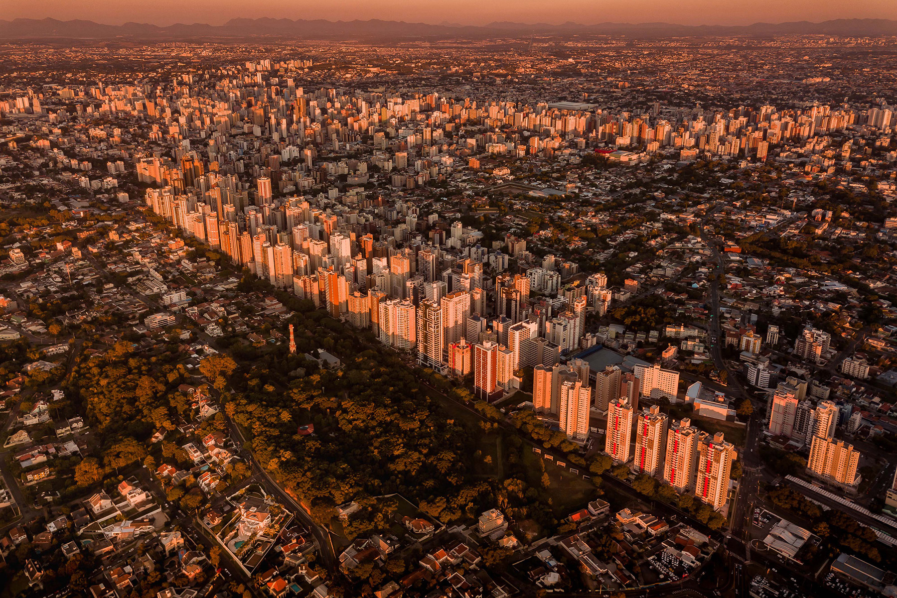 A long line of tall buildings is shown within a distinctly urban setting. 