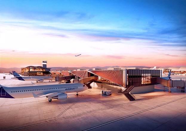 A full-color rendering shows the finished concourse exterior with white airplanes at several gates.