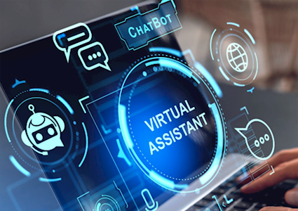 hands rest on the keyboard of a laptop depicting icons related to artificial intelligence