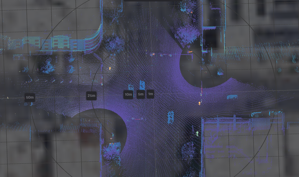 aerial view of street with computer-added graphics for vehicles